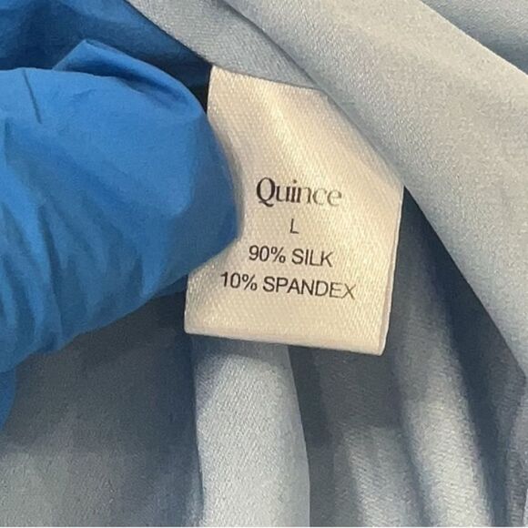 Quince Silk Stretch Washable 3/4 Sleeve Button Front Baby Blue Blouse L - Picture 4 of 9